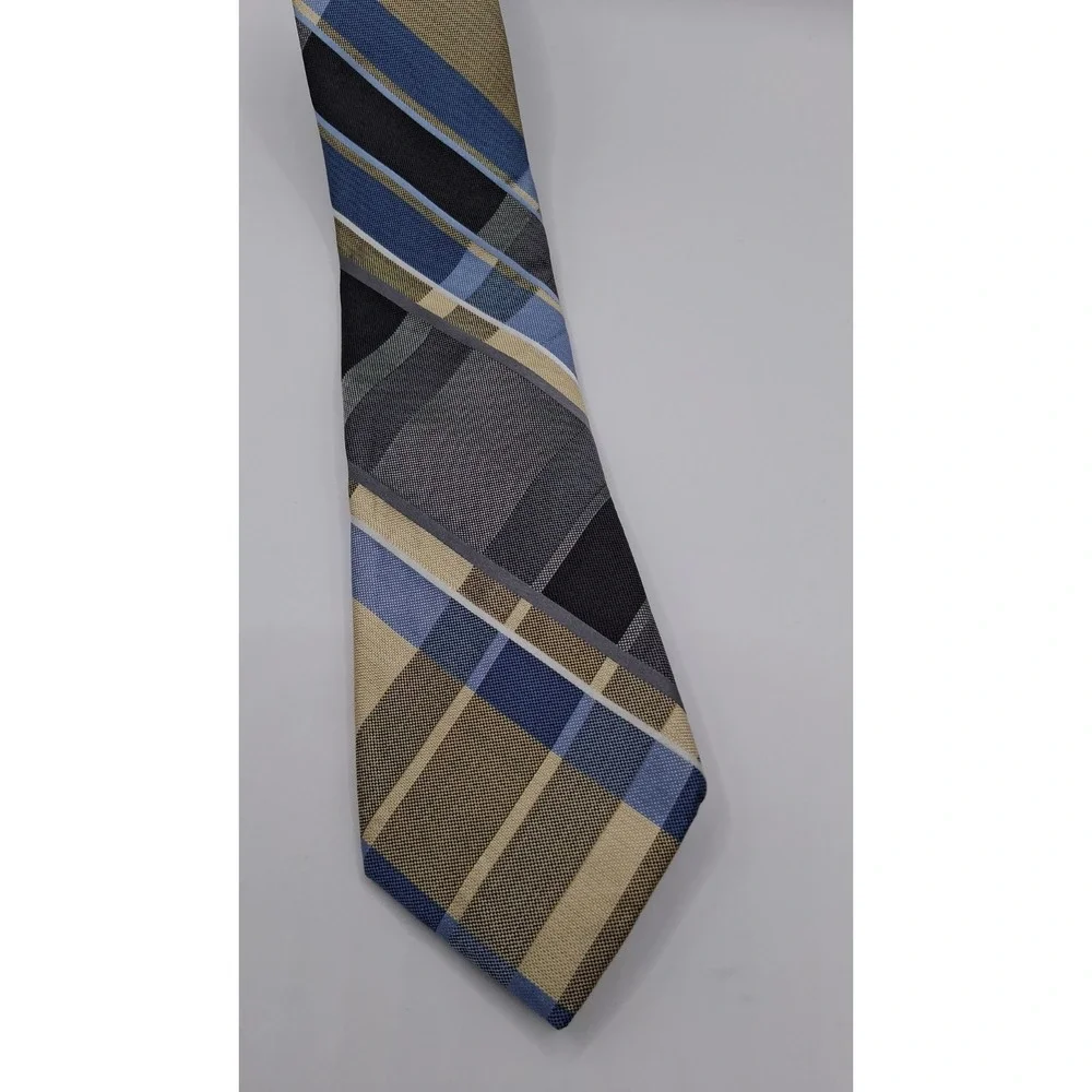 DKNY Men's Silk Tie Brass/Black/Blue/Gray Plaid